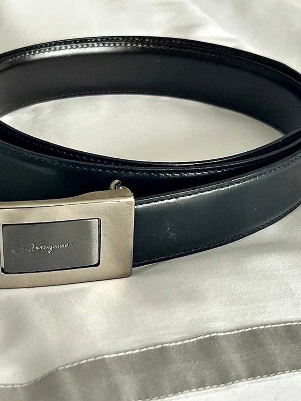 Salvatore Ferragamo Black Leather Belt with Silver-Tone Buckle